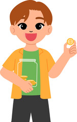 smiling boy holding a coin and saving money in a bottle illustration