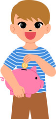 Obraz premium smiling boy save money in a pink piggybank illustration