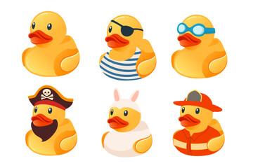 Set of dressed duck. Cute yellow rubber duck. Pirate, captain, rabbit, or firefighter costumes. Cartoon child toy for bath. Vector illustration isolated on white background