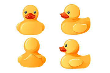 Set of children toys. Cute yellow rubber duck. Cartoon child toy for bath. Vector illustration isolated on white background