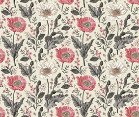 Seamless pattern. Beautiful blooming realistic isolated flowers. Vintage background fabric. Poppy Poppies wildflowers set. Wallpaper baroque. Drawing engraving sketch Vector victorian illustration © Наталья Лобенко