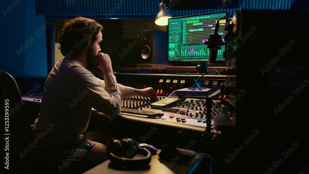 Poster Music producer fixing coiled cable inside amplifier or audio compressor, prepares control room technical equipment for a recording session. Sound engineer works on producing tracks. Camera B.