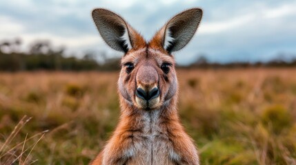 Red Kangaroo stares, Australian outback, grasslands, wildlife