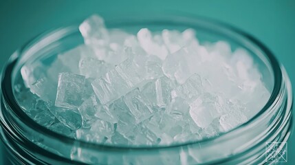 Transparent Container Filled with Crystalline Structures Surrounded by Blurred Teal and Blue Gradient