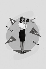 Creative photo 3d collage artwork postcard poster of angry crazy woman dissatisfied work shouting...