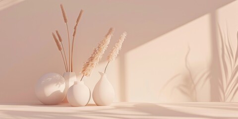 A minimalist aesthetic featuring a soft peachy beige backdrop, Minimalist design elements arranged asymmetrically, Contemporary minimalist style