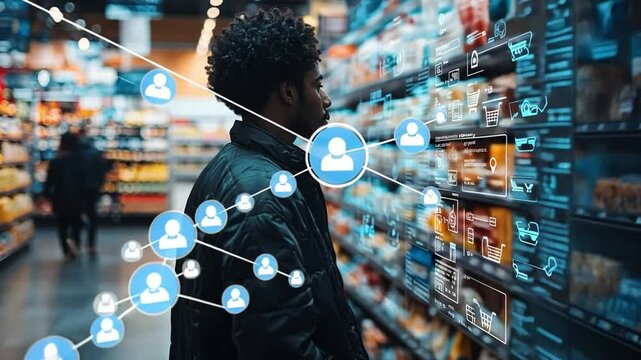 The Shopper and the Network: In a brightly lit supermarket, a man navigates the aisles, as a digital network of interconnected users hovers in the air around him.