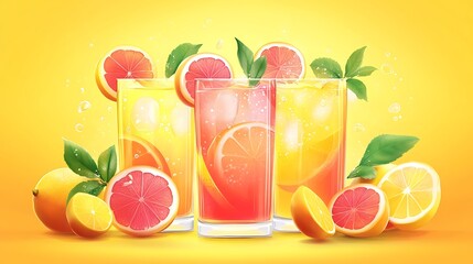 Refreshing citrus drinks, vibrant yellow background,  illustration, drink promotion