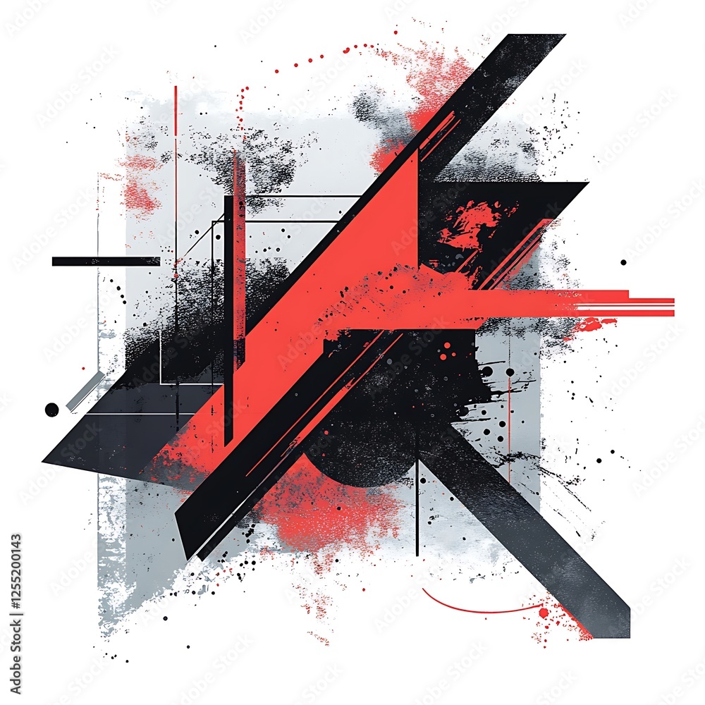 Poster Abstract geometric design with splashes of red and gray. Use Graphic element, modern art print