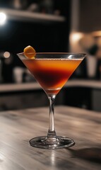 Elegant cocktail served in a stylish glass on a wooden bar countertop. Generative AI