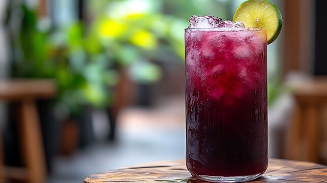 Chilled cherry lime soda on a rustic table, blurred forest view.