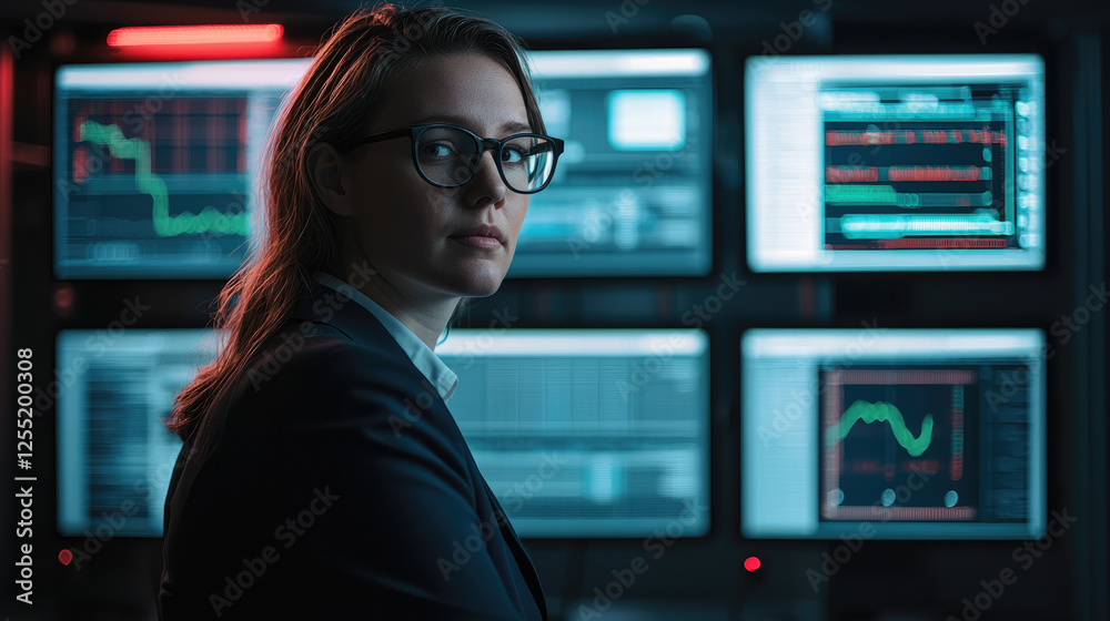 Poster In a dimly lit control center, an advanced network administrator analyzes deep insights from a data analytics dashboard filled with predictive algorithms and cybersecurity warnings.