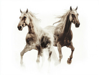 Dynamic horse pair galloping in motion open field wildlife photography natural environment side view energy and freedom