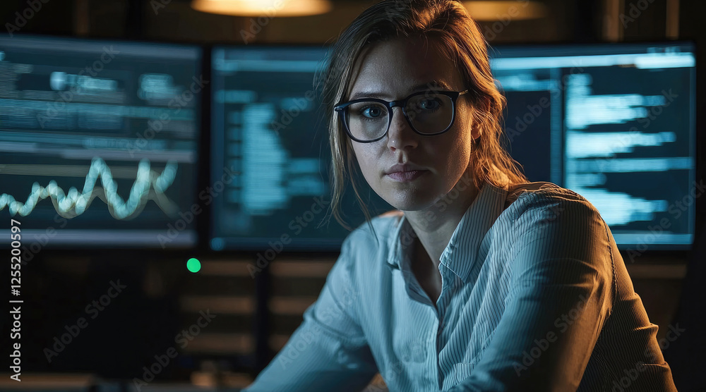 Fototapete In a dimly lit control center, an advanced network administrator analyzes deep insights from a data analytics dashboard filled with predictive algorithms and cybersecurity warnings.