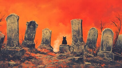 A Black Cat Sits Among Old Grave Stones at Sunset