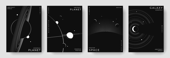 Set of abstract space astronomy backgrounds. Line art galaxy, solar system, planet, black hole. Science future concept. Cosmic minimalist design for cover, poster, layout, banner, flyer, brochure © Anastasiya Stoma