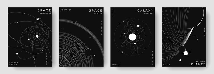 Set of abstract space astronomy backgrounds. Line art galaxy, universe, planet, solar system. Science future concept. Cosmic minimalist design for cover, poster, layout, banner, flyer, brochure