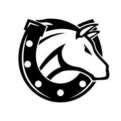 Monochrome icon horse with horseshoe on white background.