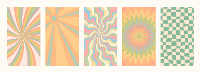 Abstract psychedelic Groovy backgrounds in retro colors. Retro pattern set. Trendy vector texture in abstract y2k style. Vector graphic for posters and art prints.