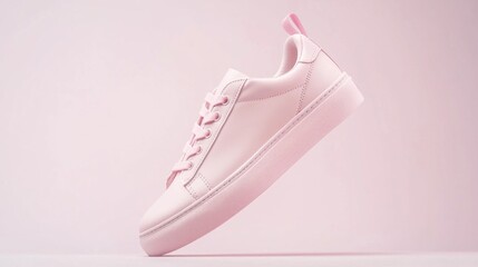 A charming pink pastel leather sneaker for women hovers gracefully against a serene pastel background, highlighting its chic design and modern appeal. Perfect for casual wear and stylish outings!