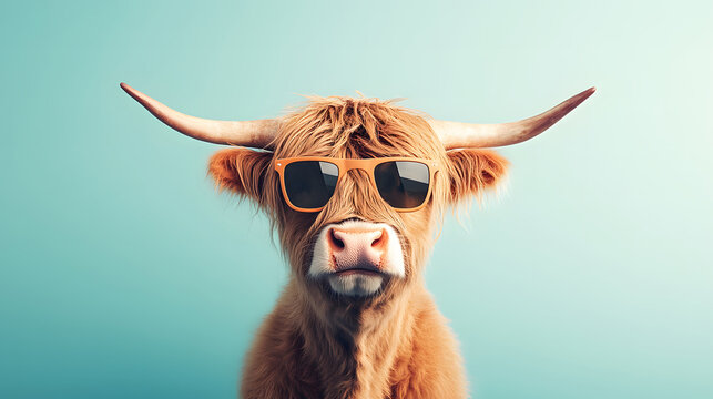 A Highland Cow in Sunglasses: Discover the Unique Charm of This Trendy, Fur-tastic Animal with a Playful Edge in a Vibrant Setting