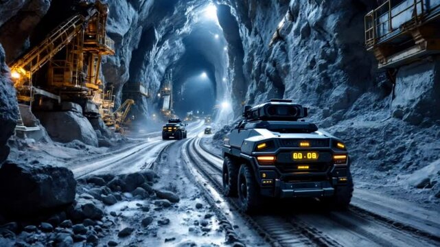 Heavy mining vehicles operating in illuminated underground tunnel, advanced excavation process