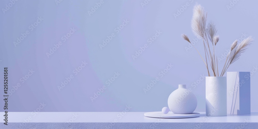 Poster a minimalist aesthetic featuring a soft periwinkle backdrop, minimalist design elements arranged sym