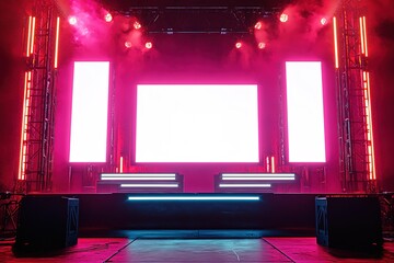 Vibrant Neon Stage with Blank Screens Awaits the Show