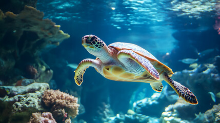 Obraz premium A Mesmerizing Sea Turtle Glides Through Crystal Clear Waters, Showcasing Nature's Beauty Beneath the Ocean's Surface and Colorful Corals.
