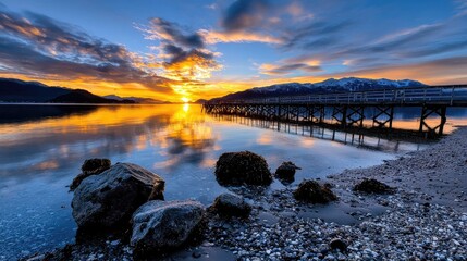 Obraz premium Sunrise over calm lake, pier, mountains. Peaceful scene, travel poster