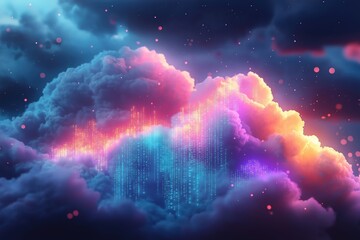 Cloud computing growth symbolized by binary code rain falling from colorful clouds