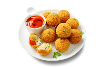 Homemade Fried Risotto Arancini stuffed with cheese, served with tomato sauce. isolated on white background