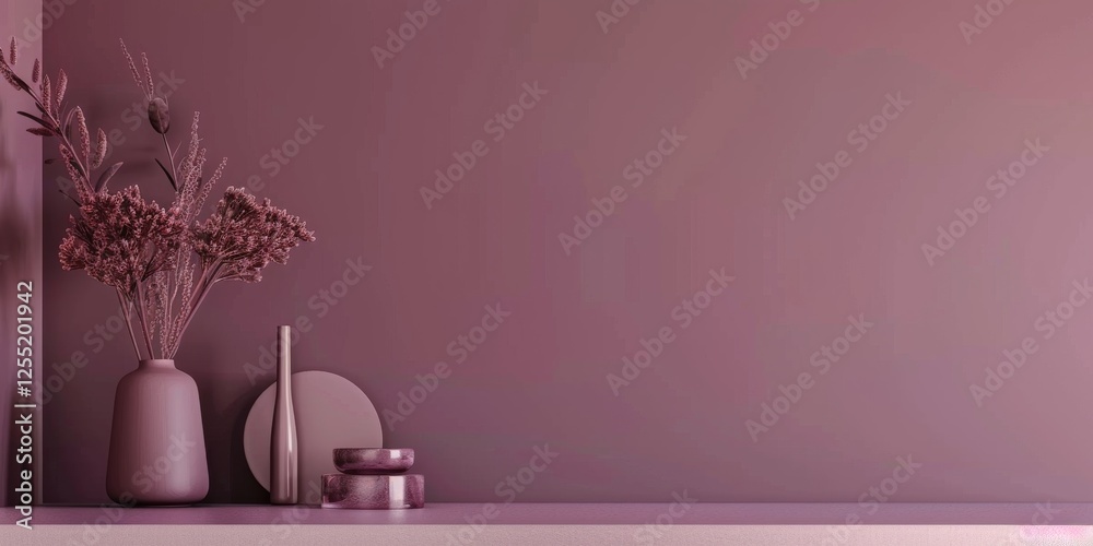 Poster a minimalist aesthetic featuring a soft plum backdrop, minimalist design elements arranged symmetric
