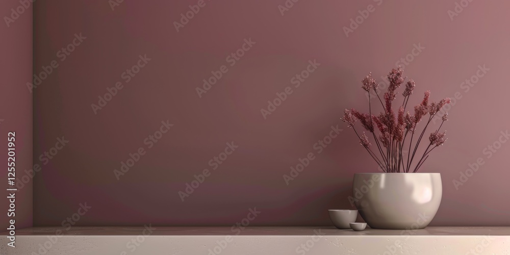 Poster A minimalist aesthetic featuring a soft plum backdrop, Minimalist design elements arranged symmetrically, Contemporary minimalist style