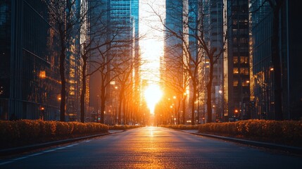 Empty city street at sunrise.