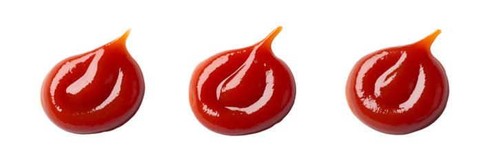 three drops of tomato sauce on white & transparent a background.