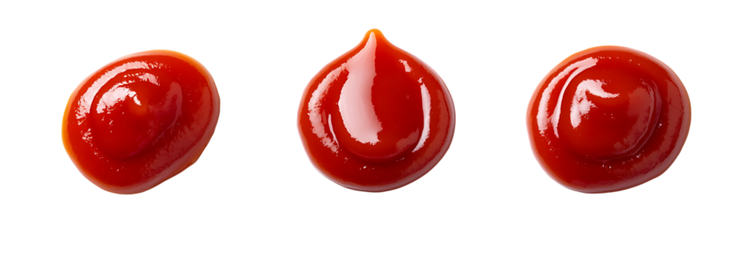 three drops of tomato sauce on white & transparent a background.