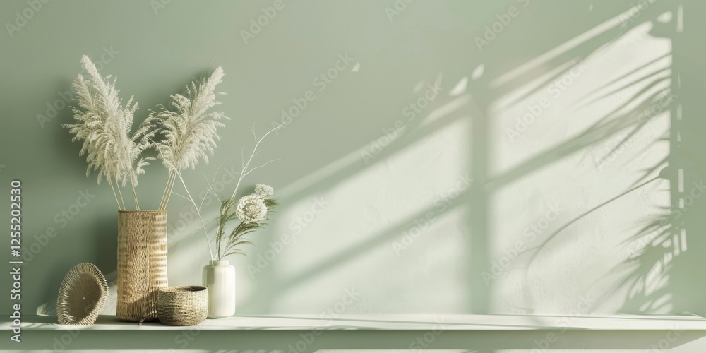 Poster A minimalist aesthetic featuring a soft sage green backdrop, Minimalist design elements arranged asymmetrically, Contemporary minimalist style