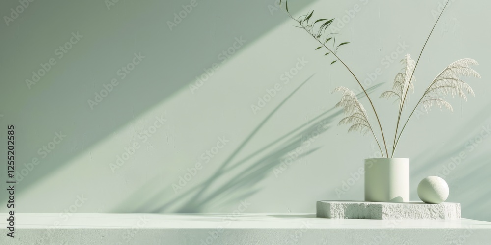 Poster a minimalist aesthetic featuring a soft sage green backdrop, minimalist design elements arranged sym
