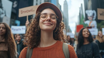 On a busy city street, young activists with banners advocating environmental protection look determined and hopeful.