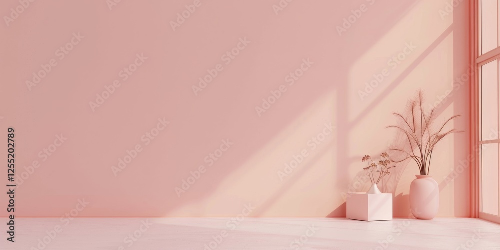 Poster a minimalist aesthetic featuring a soft salmon backdrop, minimalist design elements arranged symmetr