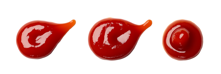 three drops of tomato sauce on white & transparent a background.