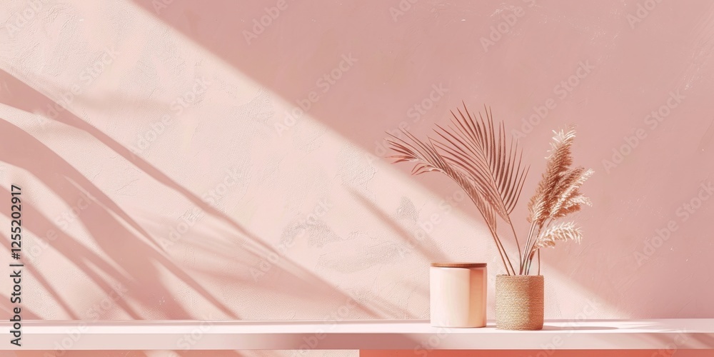 Poster a minimalist aesthetic featuring a soft salmon backdrop, minimalist design elements arranged symmetr