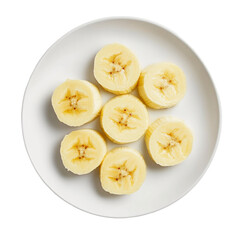 Top View of Freshly Sliced Bananas Arranged on a White Plate – Perfect for Healthy Eating Concepts and Culinary Presentations