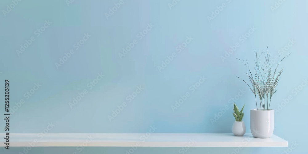 Poster a minimalist aesthetic featuring a soft sky blue backdrop, minimalist design elements arranged symme