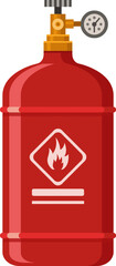 Red gas cylinder with flammable warning sign and pressure gauge showing current pressure. Featuring a valve and a blank space for text or logo. Representing industrial gas storage and safety measures