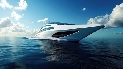 Fototapeta premium Luxury Yacht Cruising on Azure Waters under a Clear Blue Sky with Clouds
