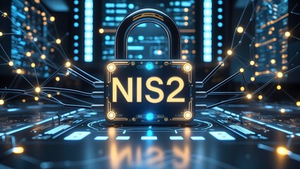 Cybersecurity: A glowing padlock with the inscription "NIS2" stands against a backdrop of glowing circuits and interconnected network nodes.