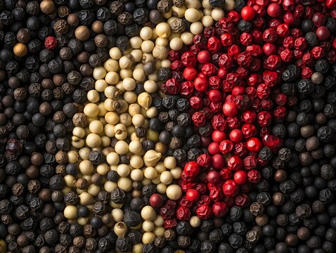 Colorful blend of black, white, and red peppercorns in vibrant pattern