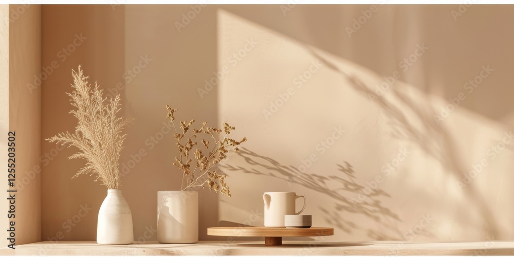 Poster a minimalist aesthetic featuring a soft tan backdrop, minimalist design elements arranged symmetrica